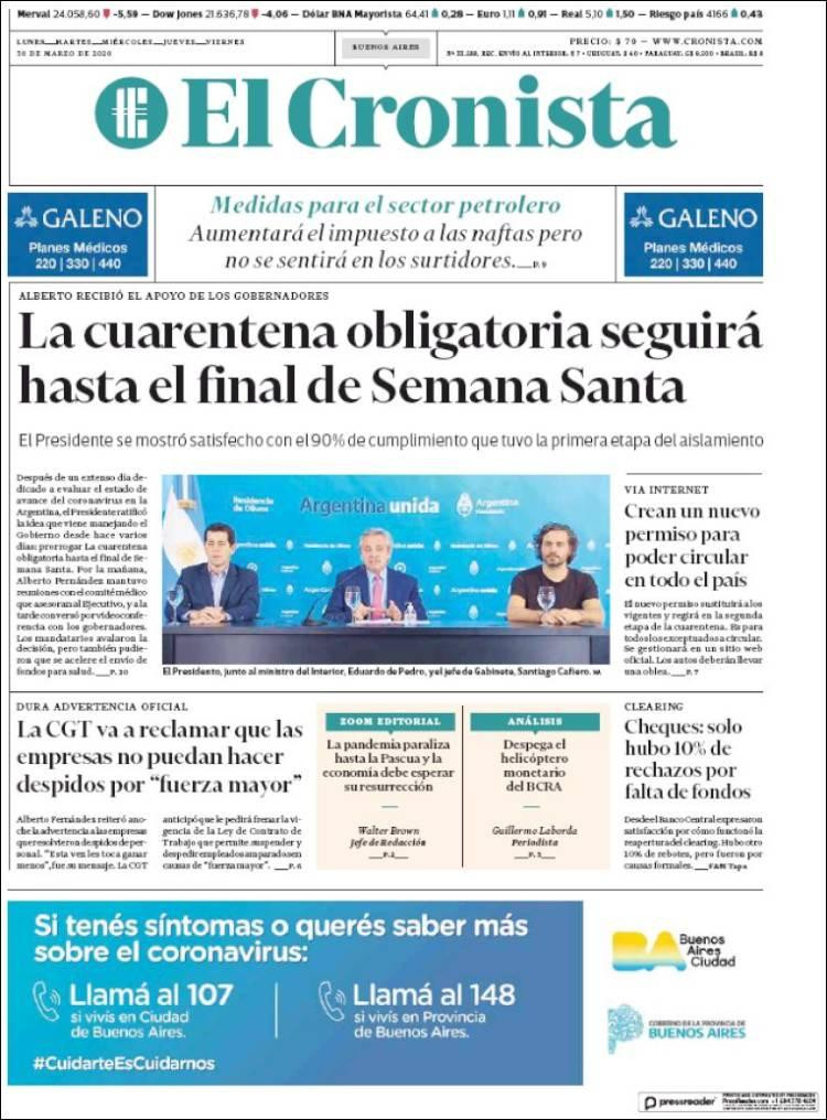 Tapas de diarios, El Cronista, lunes 30 de marzo de 2020