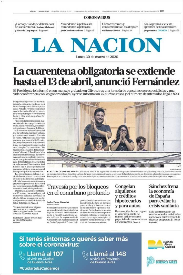 Tapas de diarios, La Nación, lunes 30 de marzo de 2020