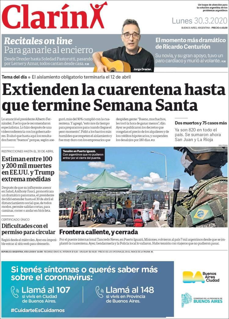 Tapas de diarios, Clarín, lunes 30 de marzo de 2020