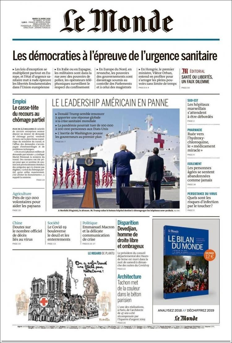 Tapas de diarios, Le monde, martes 31 de marzo de 2020