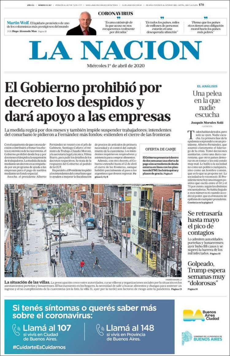 Tapas de diarios, La Nación, 1 de abril de 2020