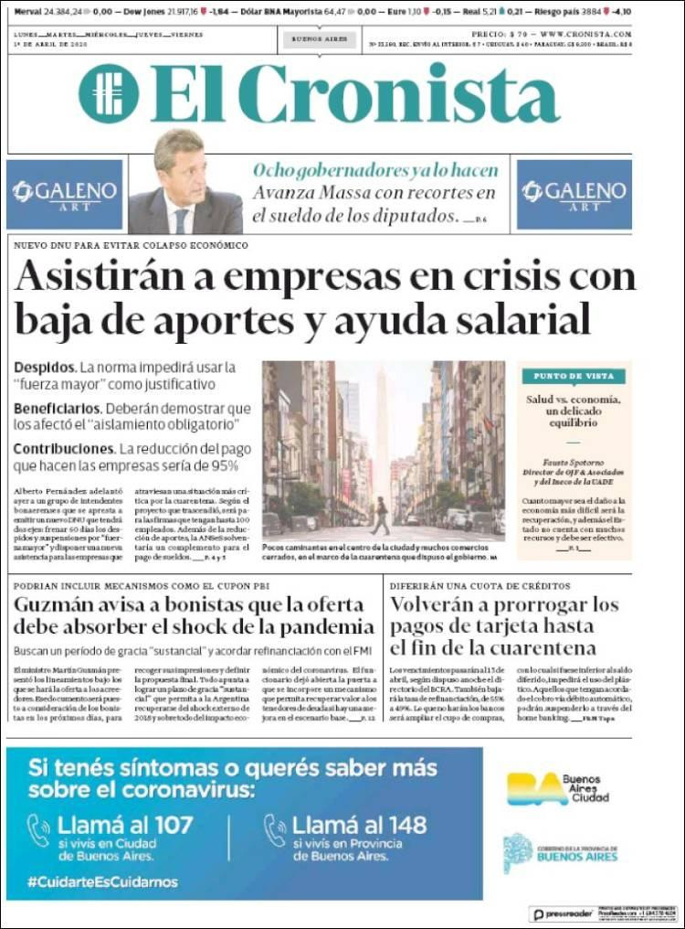 Tapas de diarios, El Cronista, 1 de abril de 2020
