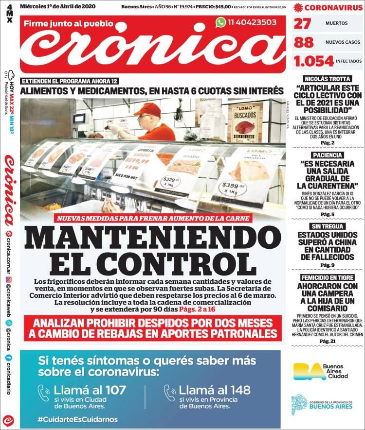 Tapas de diarios, Crónica, 1 de abril de 2020