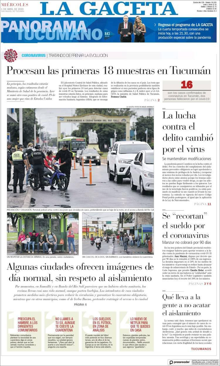 Tapas de diarios, La gaceta, 1 de abril de 2020