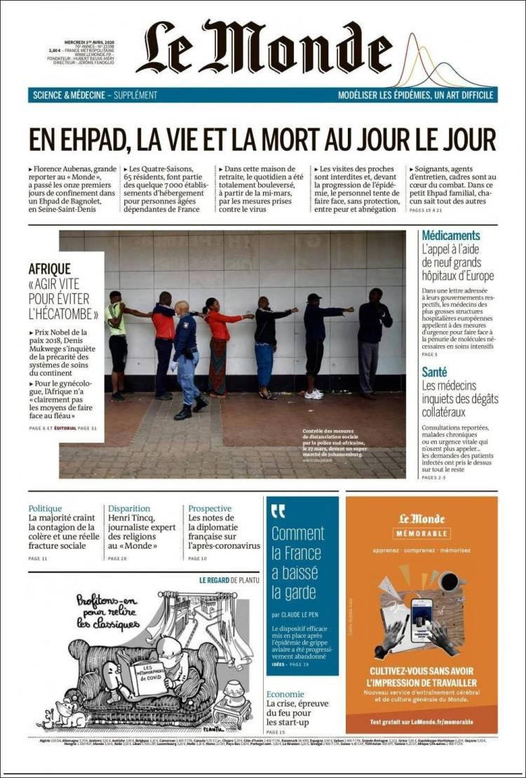 Tapas de diarios, Le monde, 1 de abril de 2020