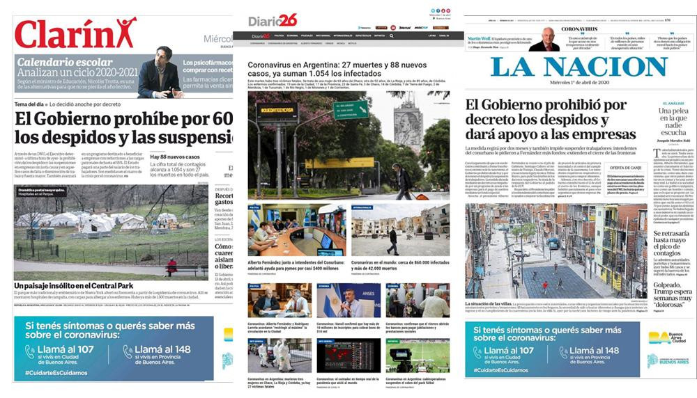 Tapas de diarios de Argentina, 1-3-2020