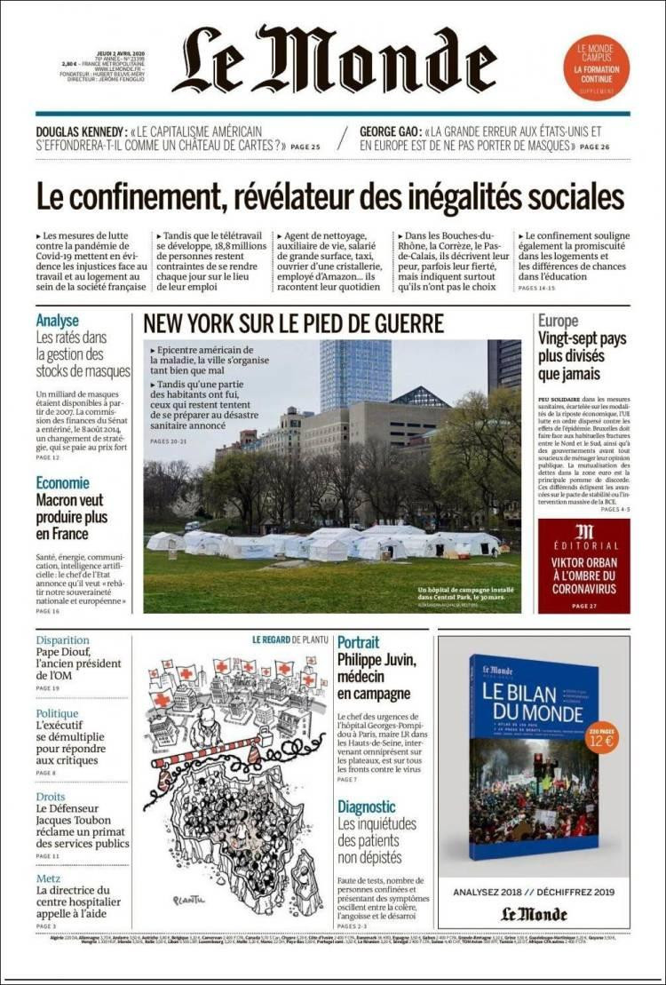 Tapas de diarios, Le Monde, jueves 2 de abril de 2020