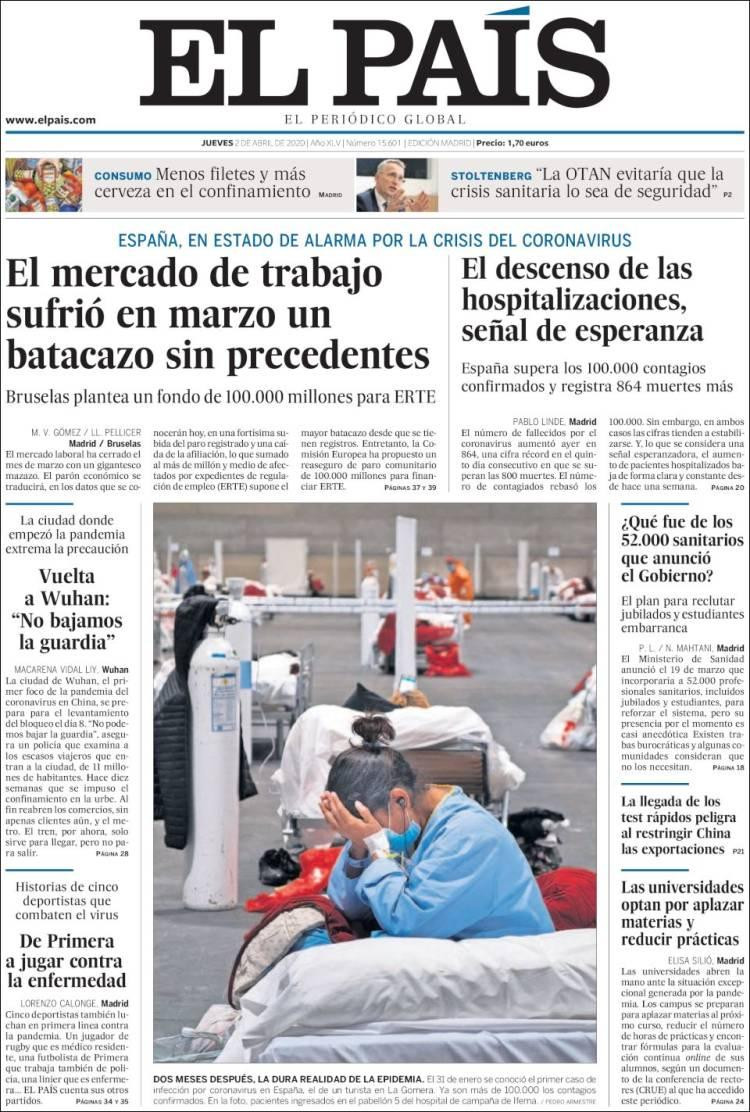 Tapas de diarios, El País, jueves 2 de abril de 2020