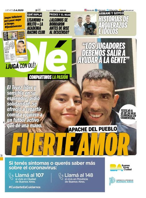 Tapas de diarios, Olé, jueves 2 de abril de 2020