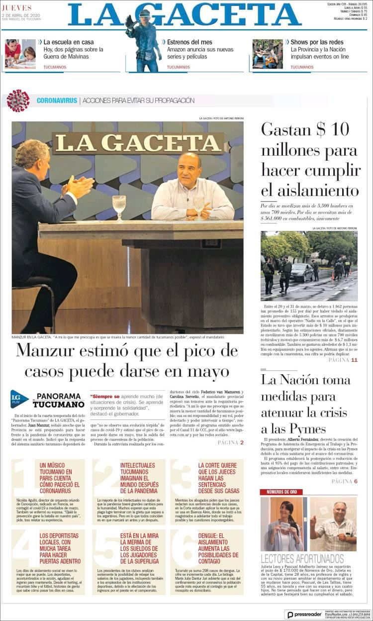 Tapas de diarios, La Gaceta, jueves 2 de abril de 2020