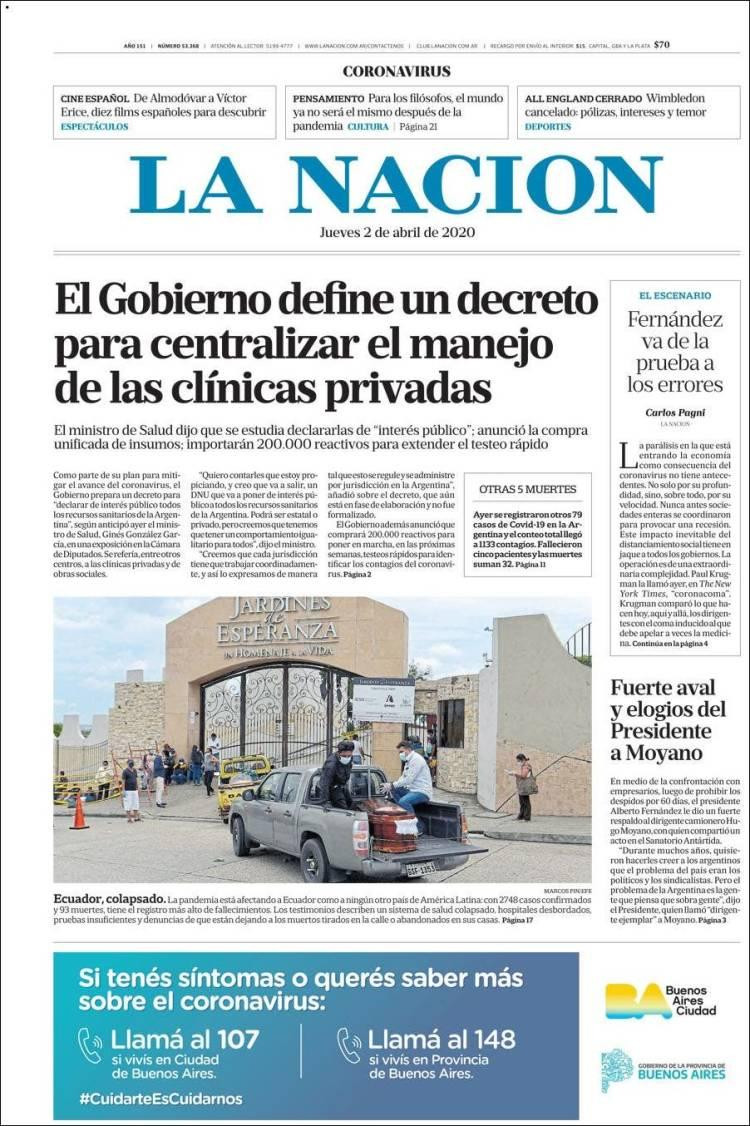 Tapas de diarios, La Nación, jueves 2 de abril de 2020