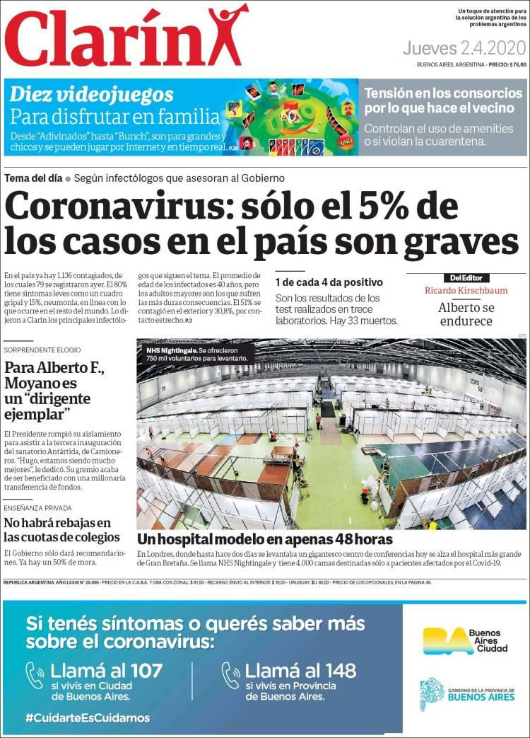 Tapas de diarios, Clarín, jueves 2 de abril de 2020