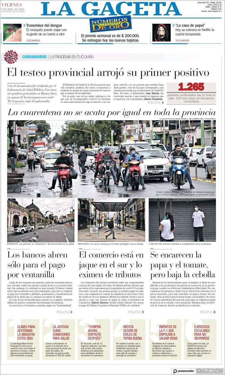 Tapas de diarios, La Gaceta, viernes 3 de abril de 2020