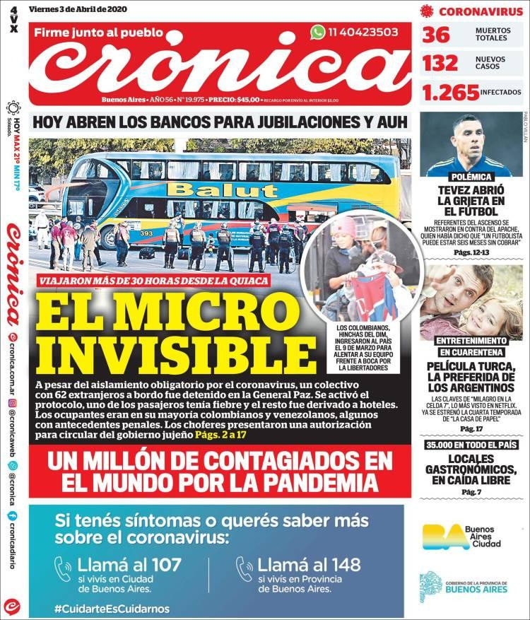 Tapas de diarios, Crónica, viernes 3 de abril de 2020