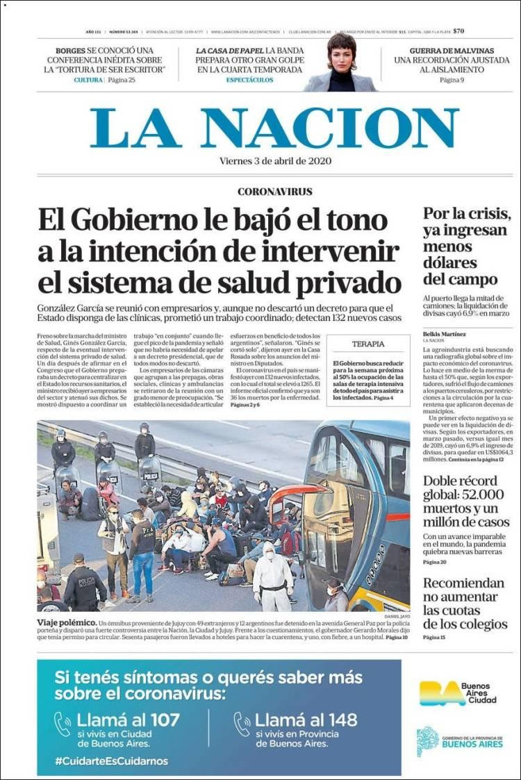 Tapas de diarios, La Nación, viernes 3 de abril de 2020