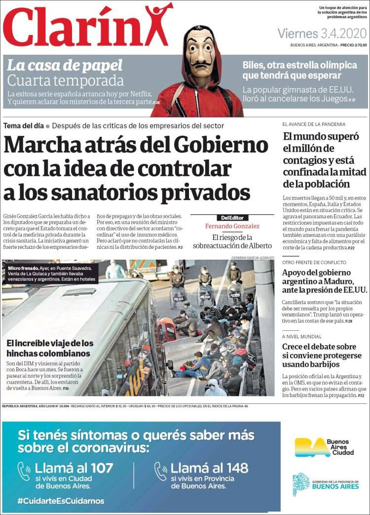 Tapas de diarios, Clarín, viernes 3 de abril de 2020