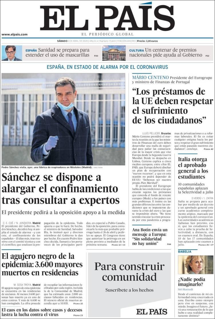 Tapas de diarios, El País, sábado 4 de abril de 2020