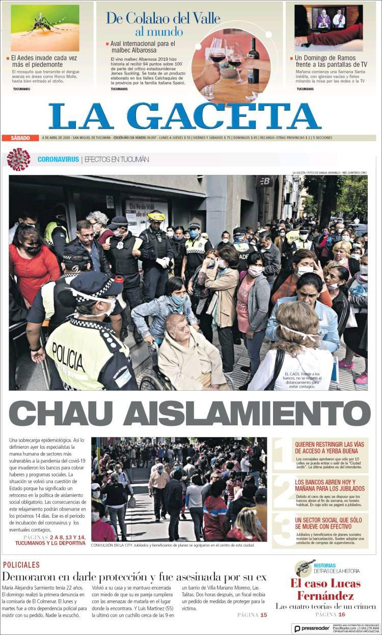 Tapas de diarios, La Gaceta, sábado 4 de abril de 2020