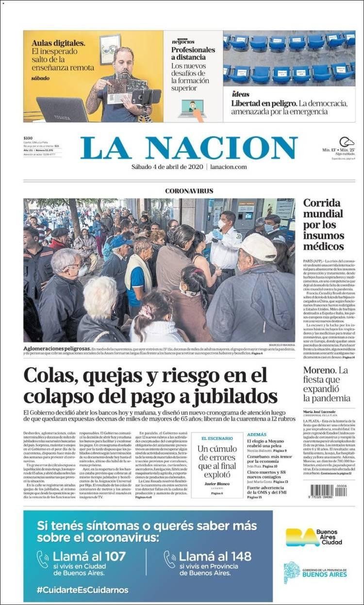 Tapas de diarios, La Nación, sábado 4 de abril de 2020