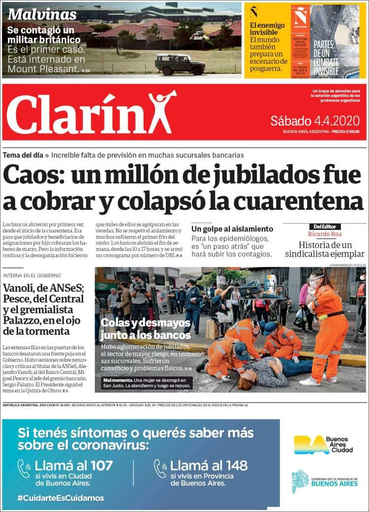 Tapas de diarios, Clarín, sábado 4 de abril de 2020