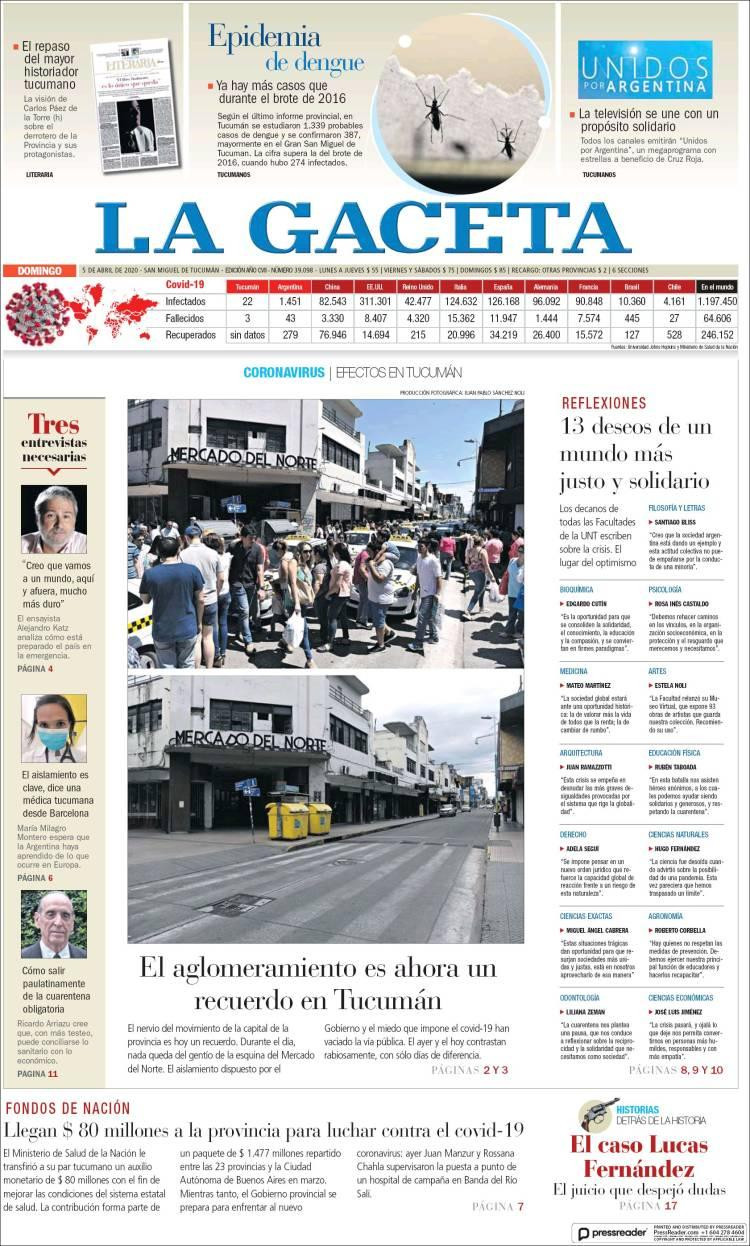 Tapas de diarios, La Gaceta domingo 5 de abril de 2020