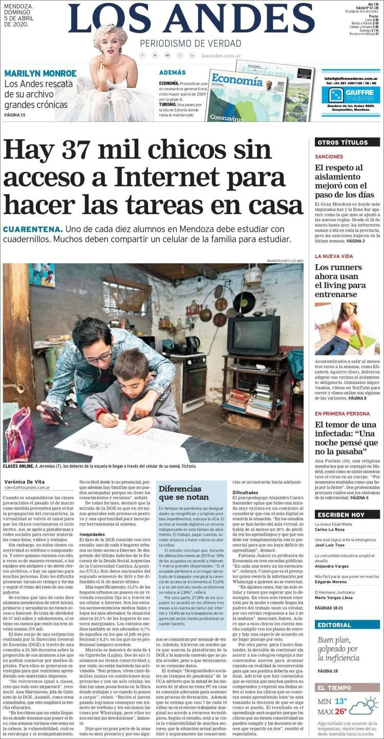 Tapas de diarios, Los Andes domingo 5 de abril de 2020