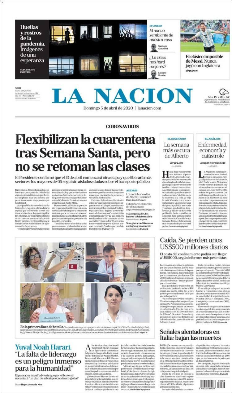 Tapas de diarios, La Nación domingo 5 de abril de 2020