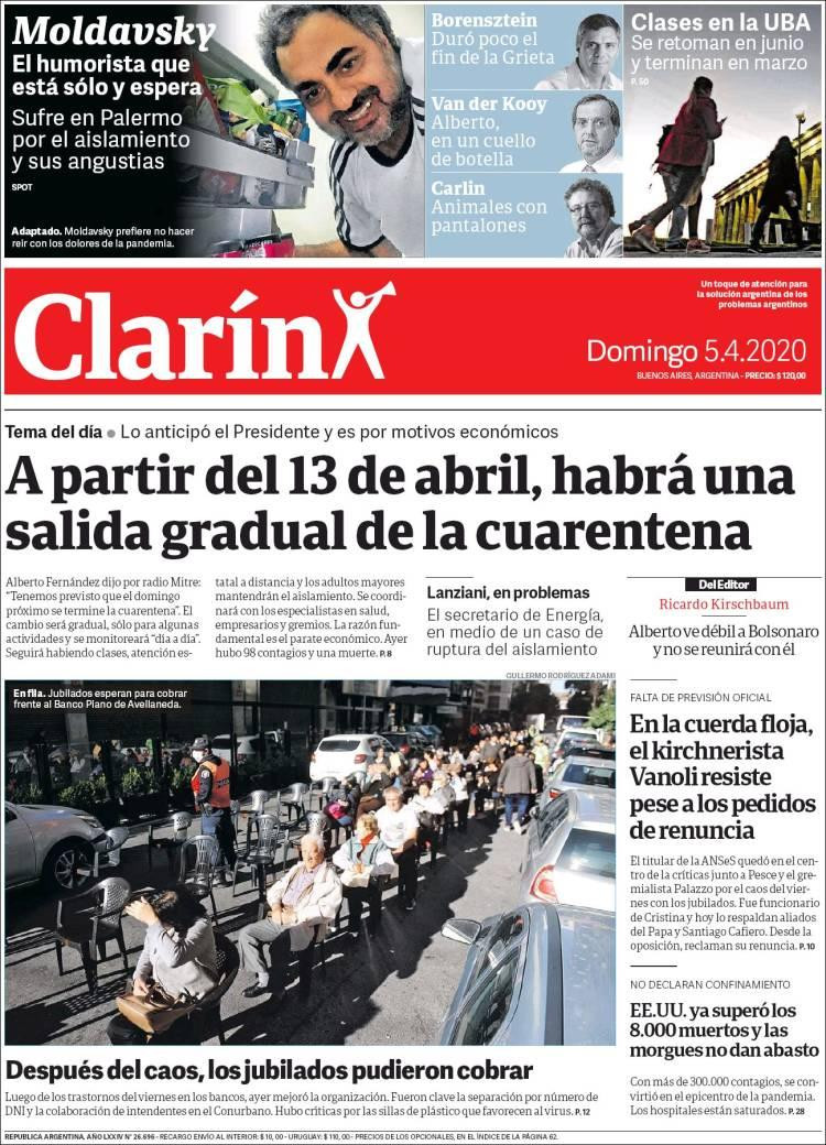 Tapas de diarios, Clarín domingo 5 de abril de 2020