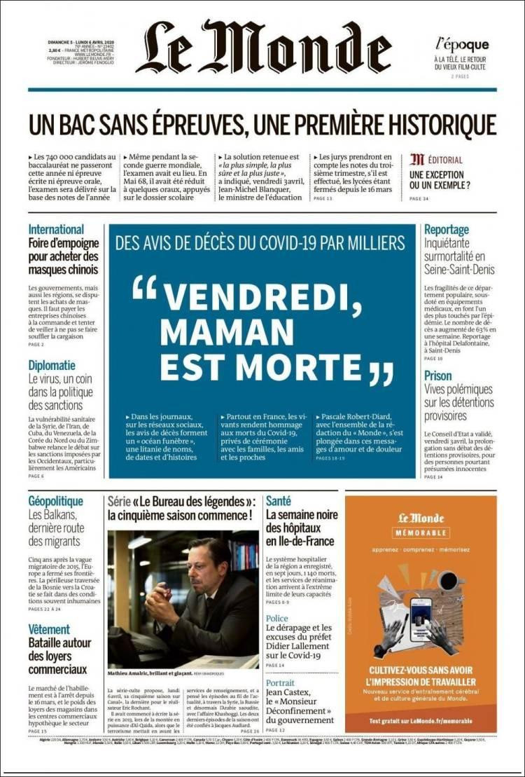 Tapas de diarios, Le Monde, lunes 6 de abril de 2020