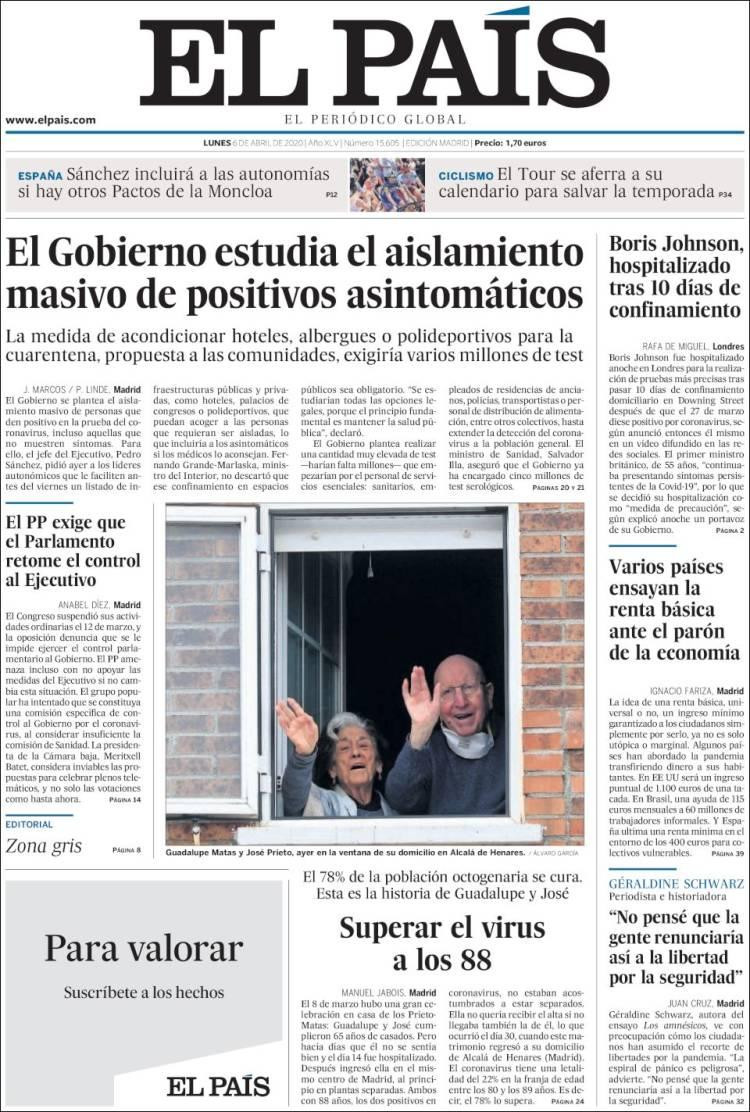 Tapas de diarios, El País, lunes 6 de abril de 2020