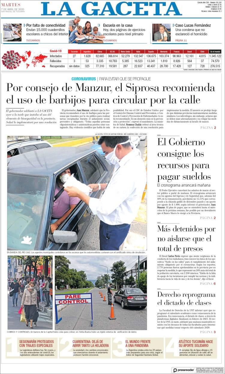 Tapas de diarios, La Gaceta, martes 7 de abril de 2020