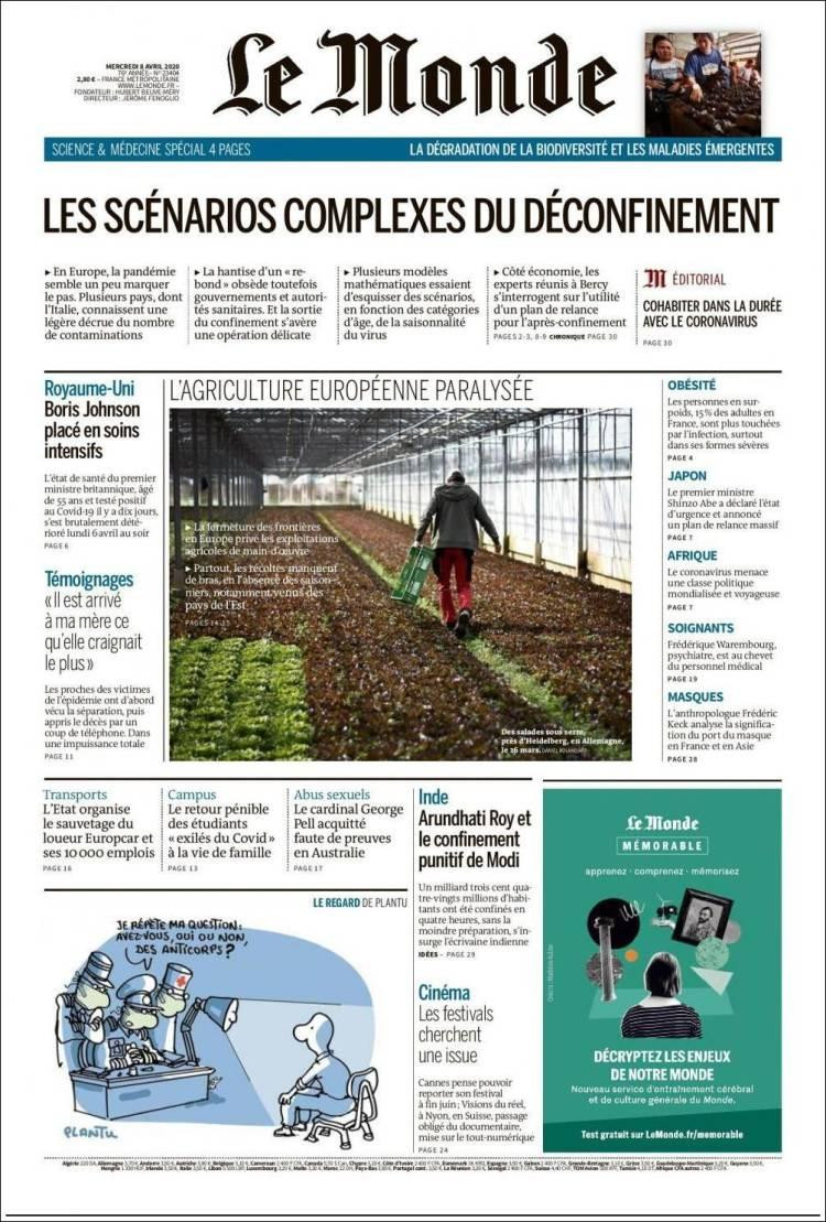 Tapas de diarios, Le monde, jueves 8 de abril de 2020