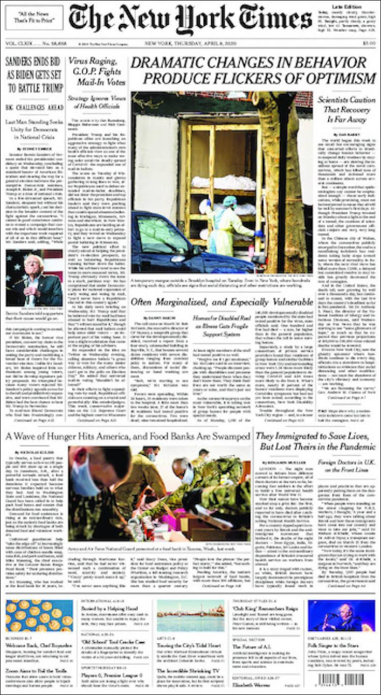 Tapas de diarios, New York Times, jueves 8 de abril de 2020