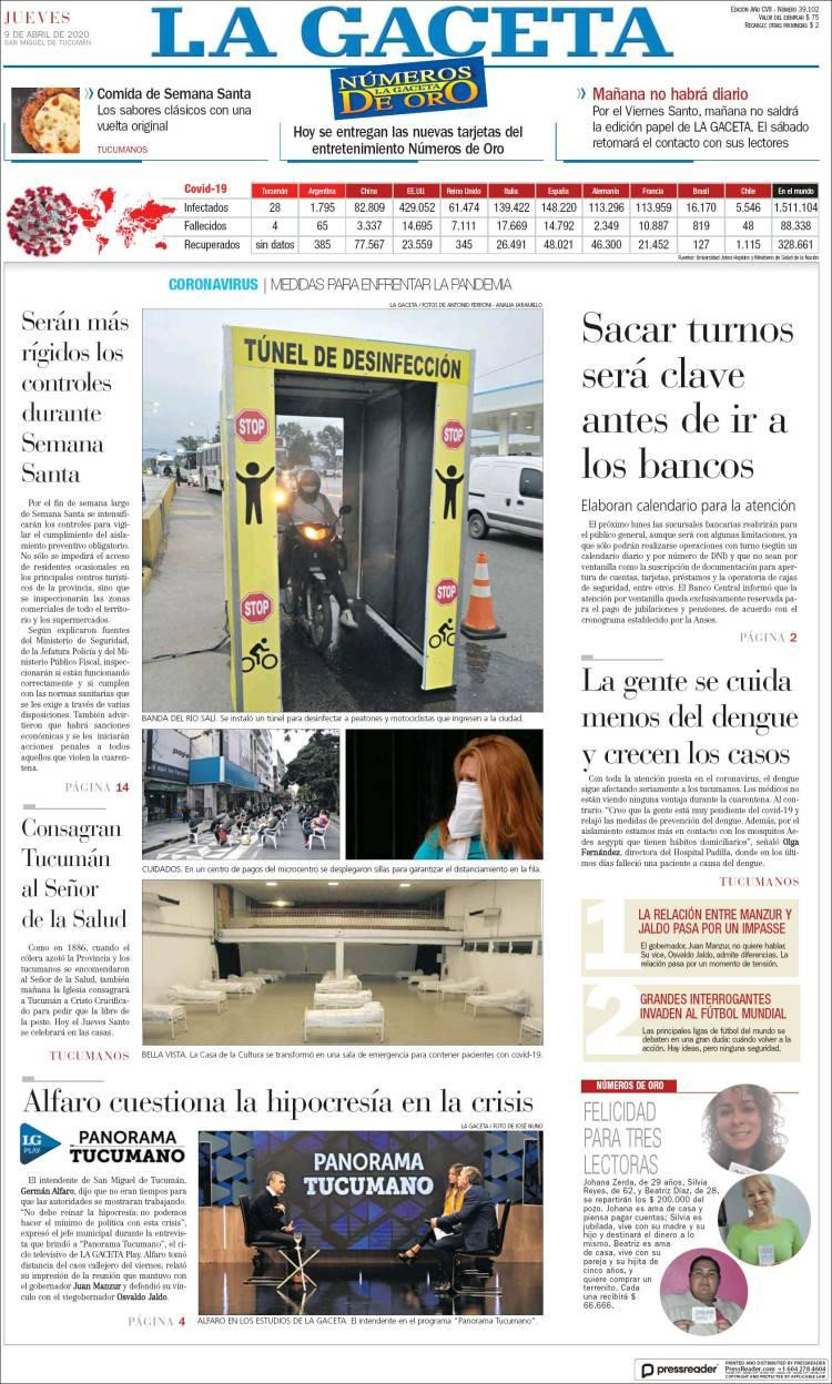 Tapas de diarios, La Gaceta, jueves 9 de abril de 2020