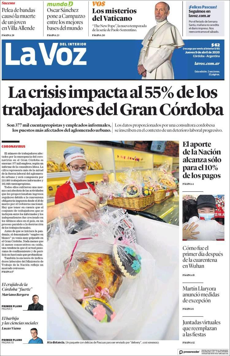 Tapas de diarios, La Voz, jueves 9 de abril de 2020