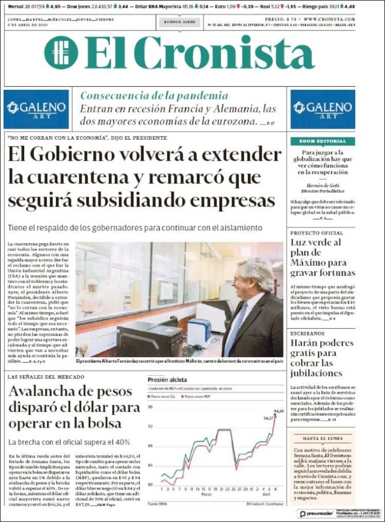 Tapas de diarios, El Cronista, jueves 9 de abril de 2020