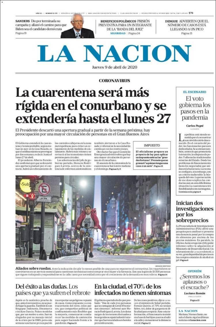 Tapas de diarios, La Nación, jueves 9 de abril de 2020