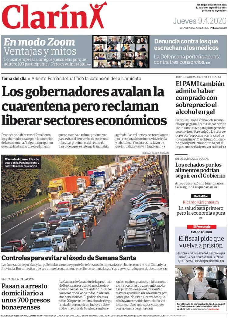 Tapas de diarios, Clarín, jueves 9 de abril de 2020