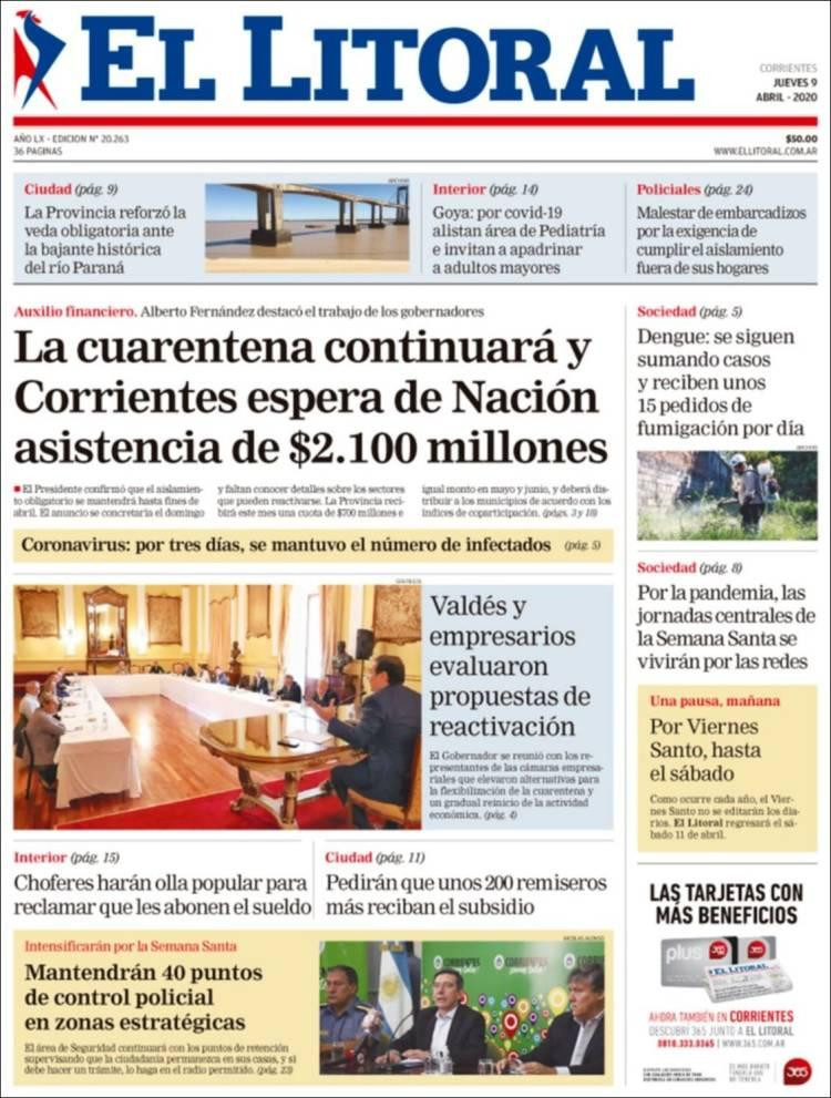 Tapas de Diarios, El Litoral, viernes 10 de abril de 2020