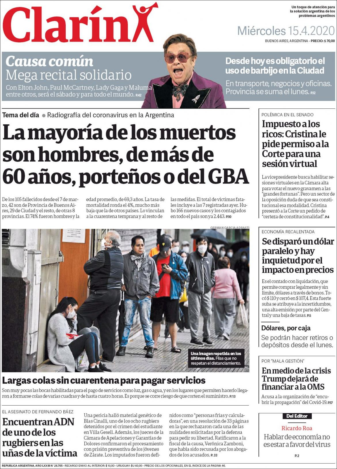 Tapas de diarios, miércoles 15 de abril de 2020, Clarín