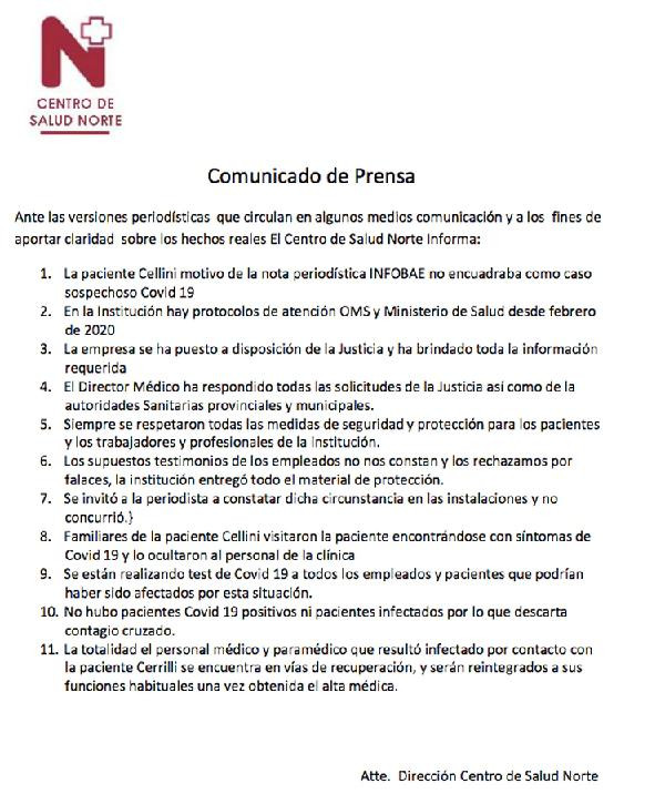 Coronavirus, Argentina, clínica privada Centro de Salud Norte, comunicado