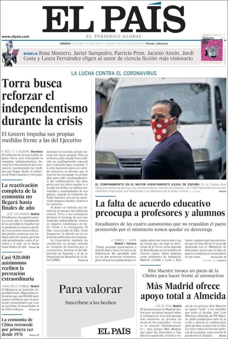 Tapas de diarios, El Pais de España, sábado 18 de abril