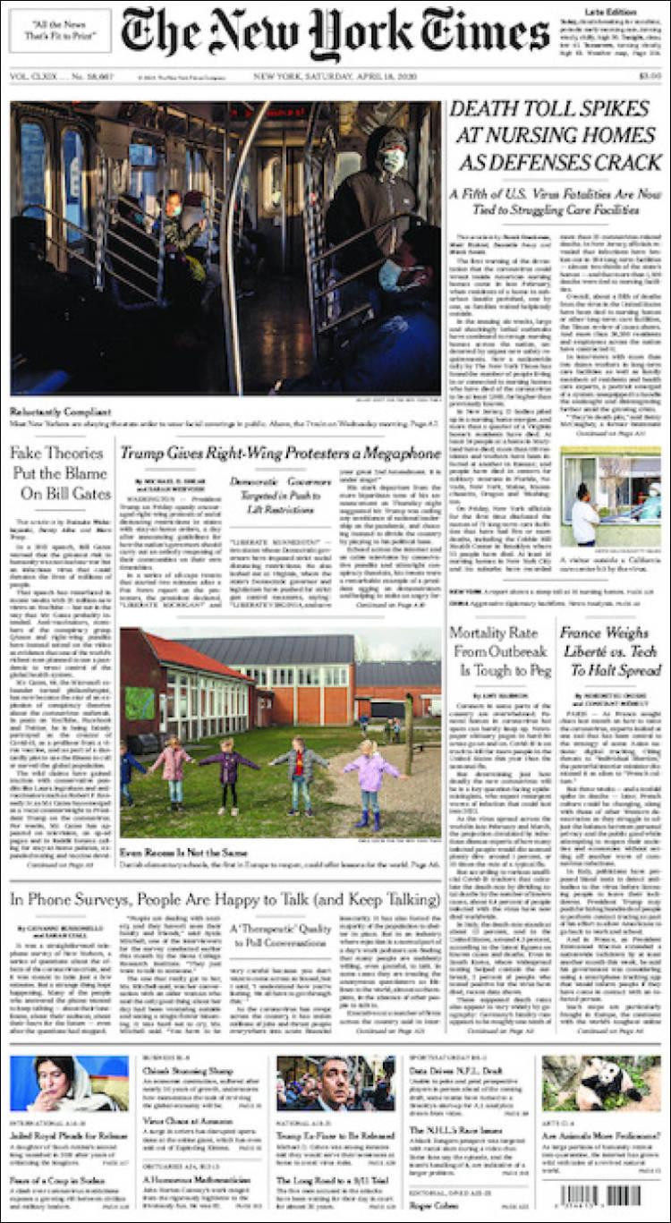 Tapas de diarios, The New York Times de Estados Unidos, sábado 18 de abril