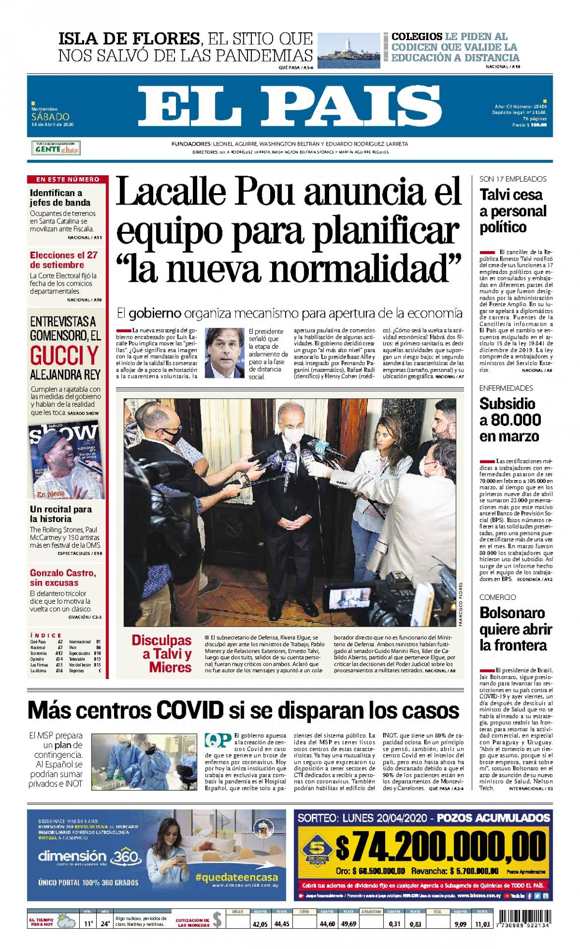 Tapas de diarios, El Pais de Uruguay, sábado 18 de abril de 2020