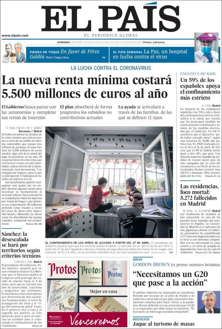 Tapas de diarios, El Pais de España, domingo 19 de abril de 2020
