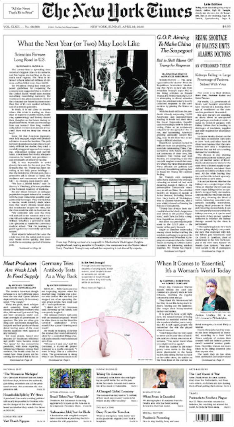 Tapas de diarios, The New York Times de EE.UU., domingo 19 de abril de 2020