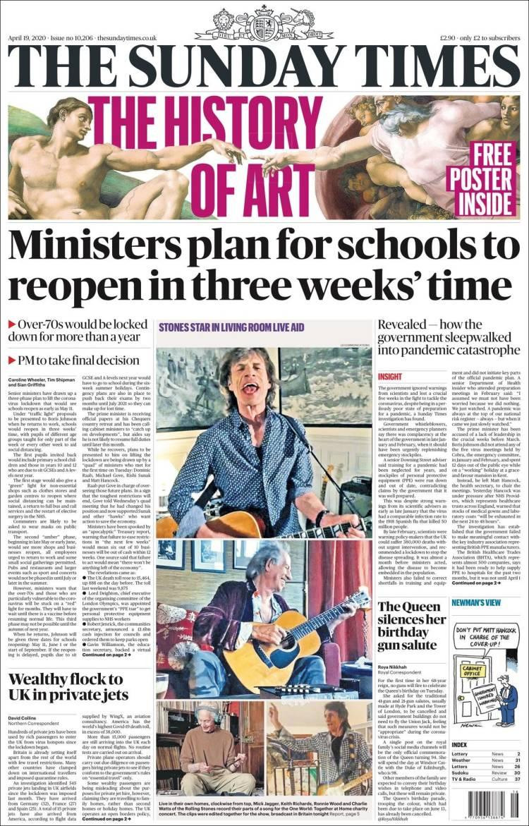 Tapas de diarios, The Sunday Times de Reino Unido, domingo 19 de abril de 2020