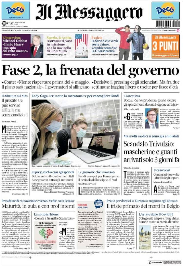 Tapas de diarios, Il Messaggero de Italia, domingo 19 de abril de 2020