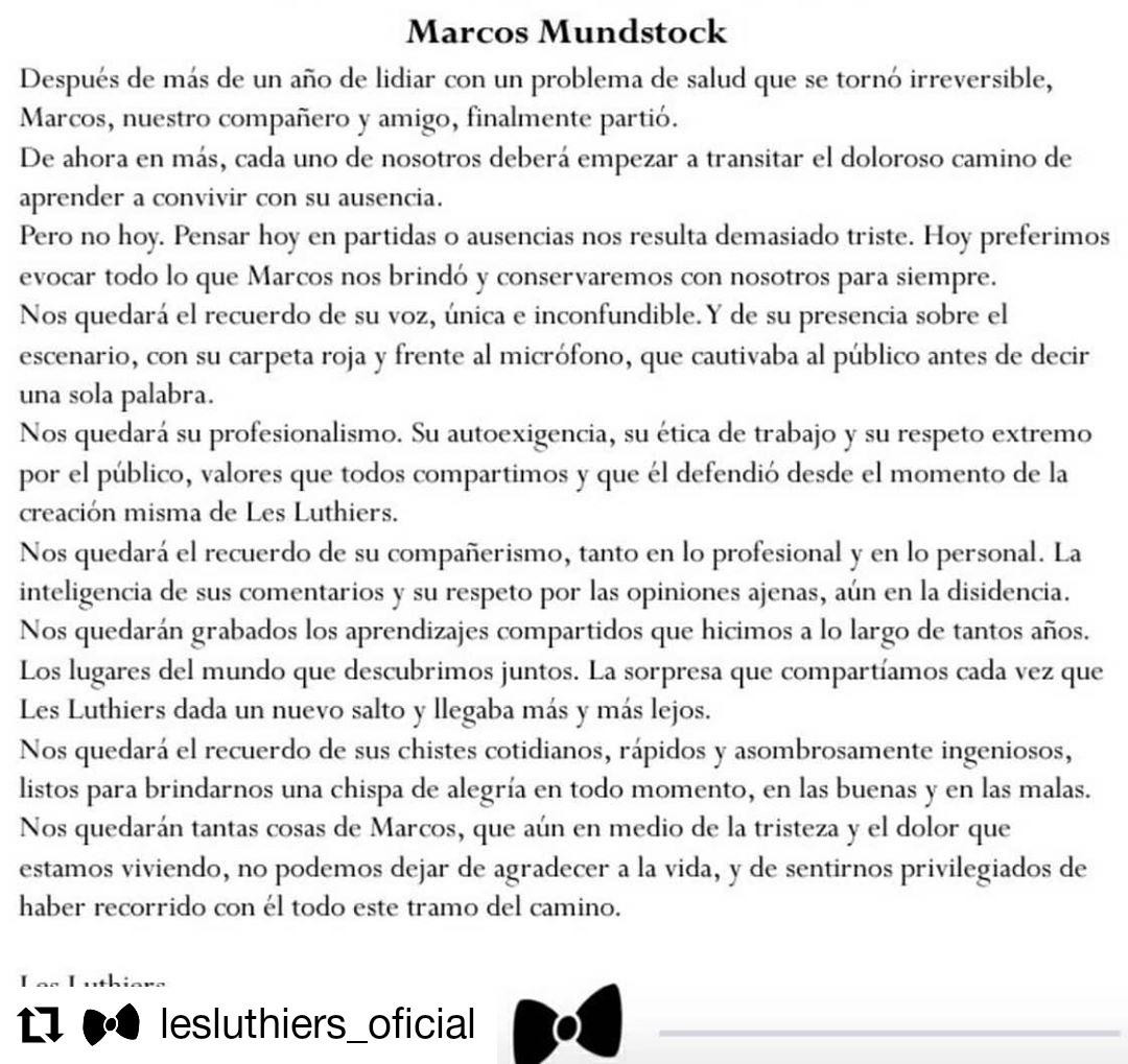 Marcos Mundstock, Comunicado de Les Luthiers