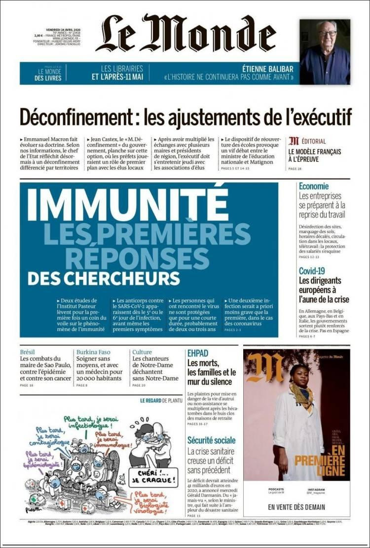 Tapas de diarios, Le Monde, viernes 24 de abril de 2020